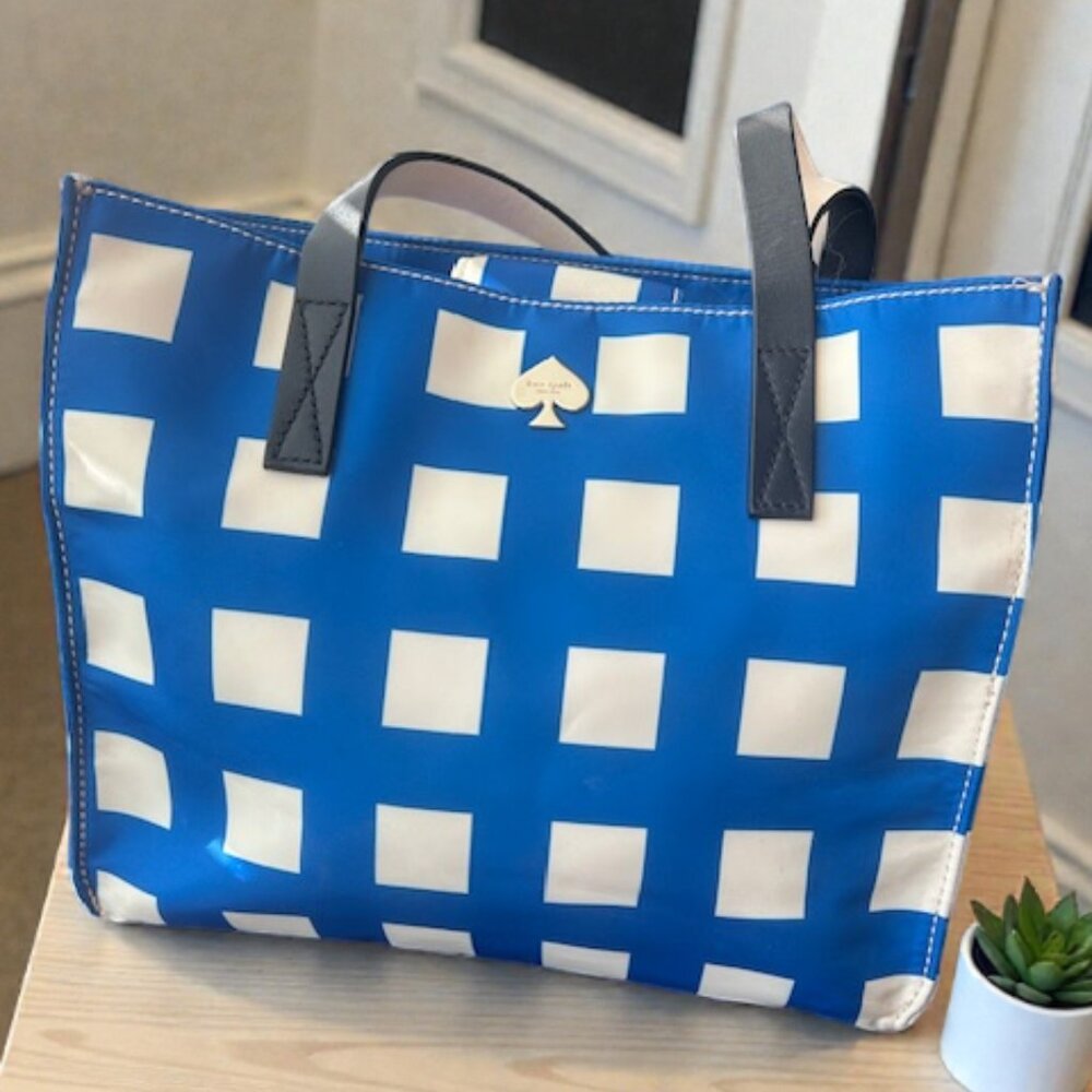 Kate Spade Purse Berry Street Elise Tote Bag Blue White Gingham Nylon